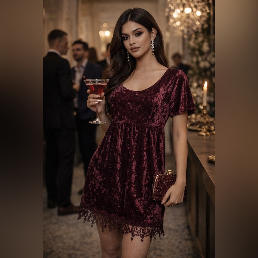 CDC Velvet Wine Mini Dress vintage lace hem size 12